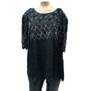 80s Vintage Lawrence Kazar Sequin Beaded Silk Blouse Top Black Plus Size 1X/2X